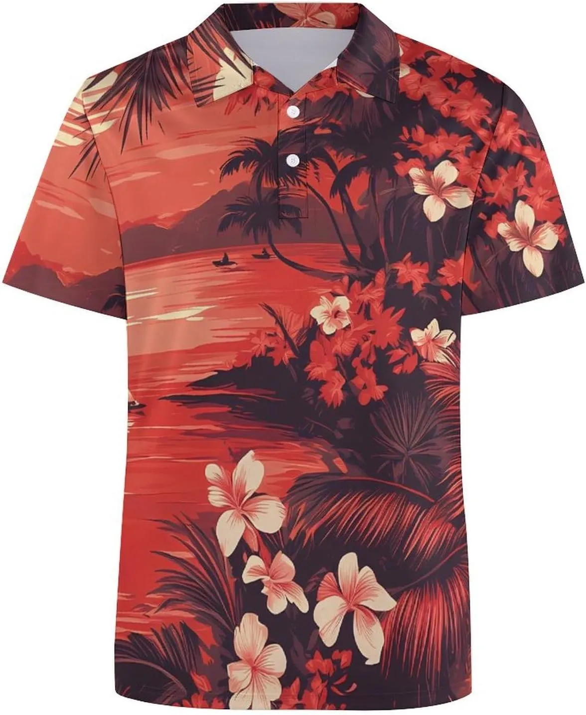 Hawaii Sunset Sailboat Palm Leaves Mens Polo Shirts Quick Dry Short Sleeve T-shirts Slim Tennis Collared Tees Tops