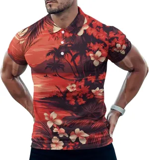 Hawaii Sunset Sailboat Palm Leaves Mens Polo Shirts Quick Dry Short Sleeve T-shirts Slim Tennis Collared Tees Tops