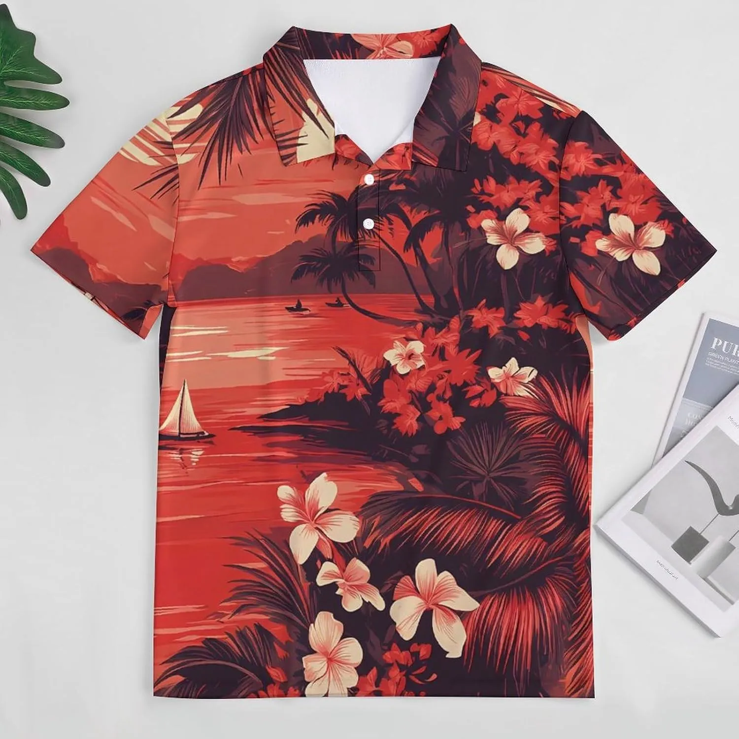 Hawaii Sunset Sailboat Palm Leaves Mens Polo Shirts Quick Dry Short Sleeve T-shirts Slim Tennis Collared Tees Tops