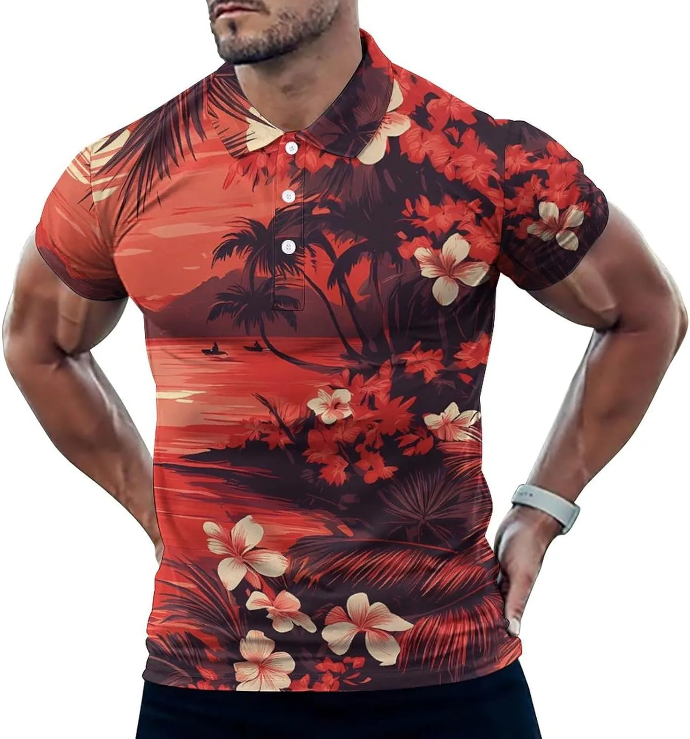Hawaii Sunset Sailboat Palm Leaves Mens Polo Shirts Quick Dry Short Sleeve T-shirts Slim Tennis Collared Tees Tops