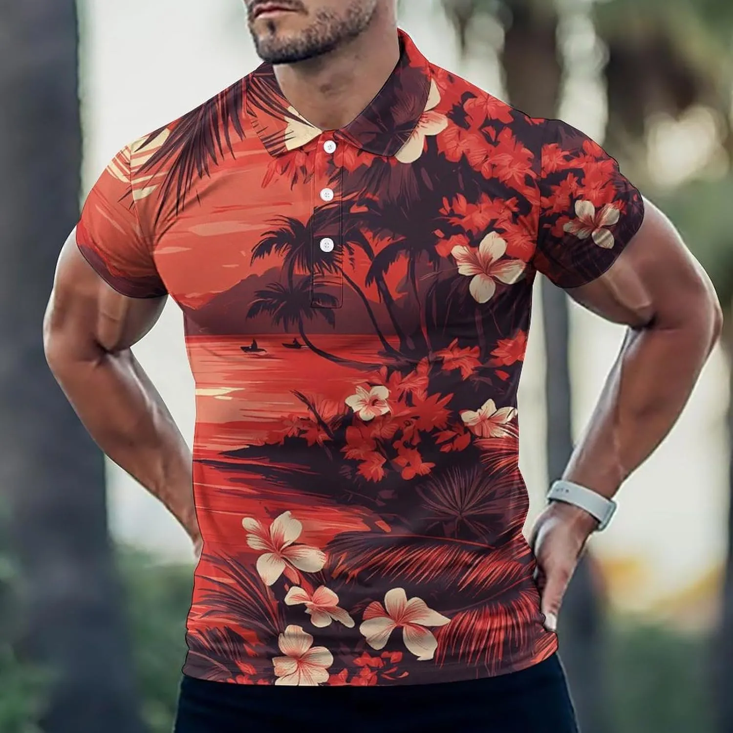 Hawaii Sunset Sailboat Palm Leaves Mens Polo Shirts Quick Dry Short Sleeve T-shirts Slim Tennis Collared Tees Tops