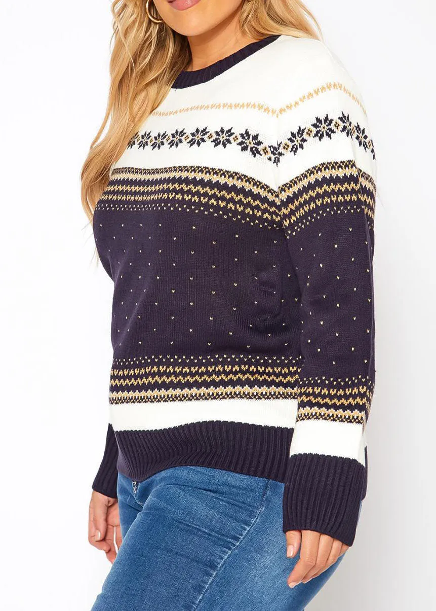 HI Curvy Plus Size Women Snowflakes Knit Long Sleeves Sweater