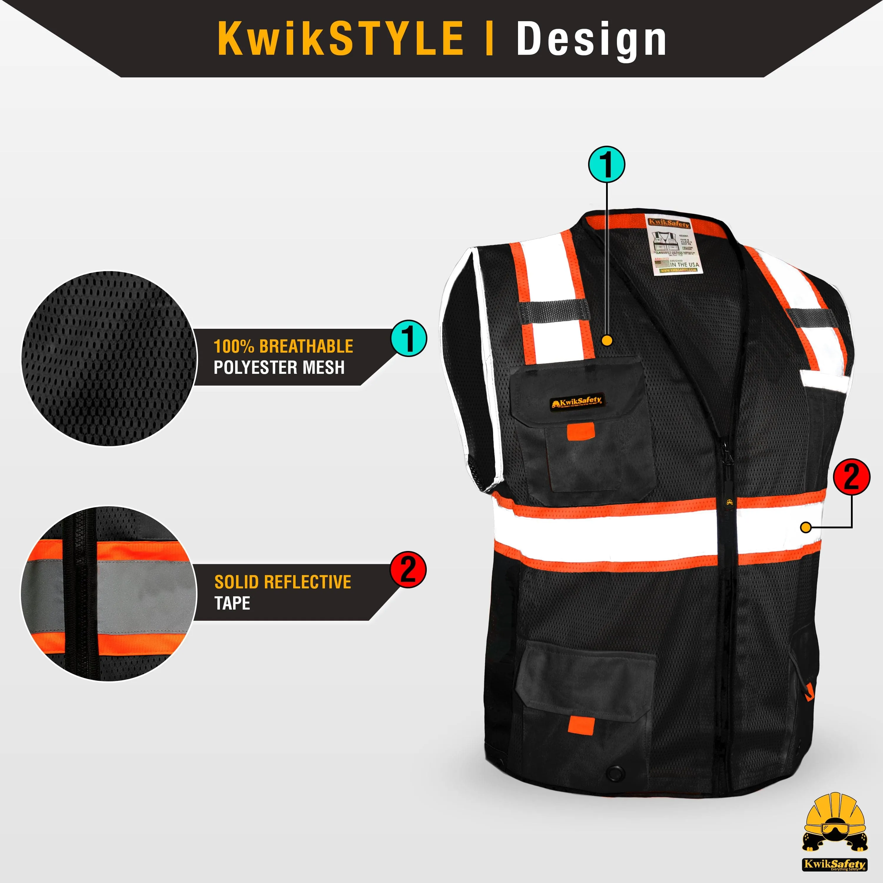 KwikSafety UNDERBOSS Safety Vest (11 POCKETS) Premium ANSI Class Unrated PPE Construction Industrial Work Gear - Model No.: KS3301UB