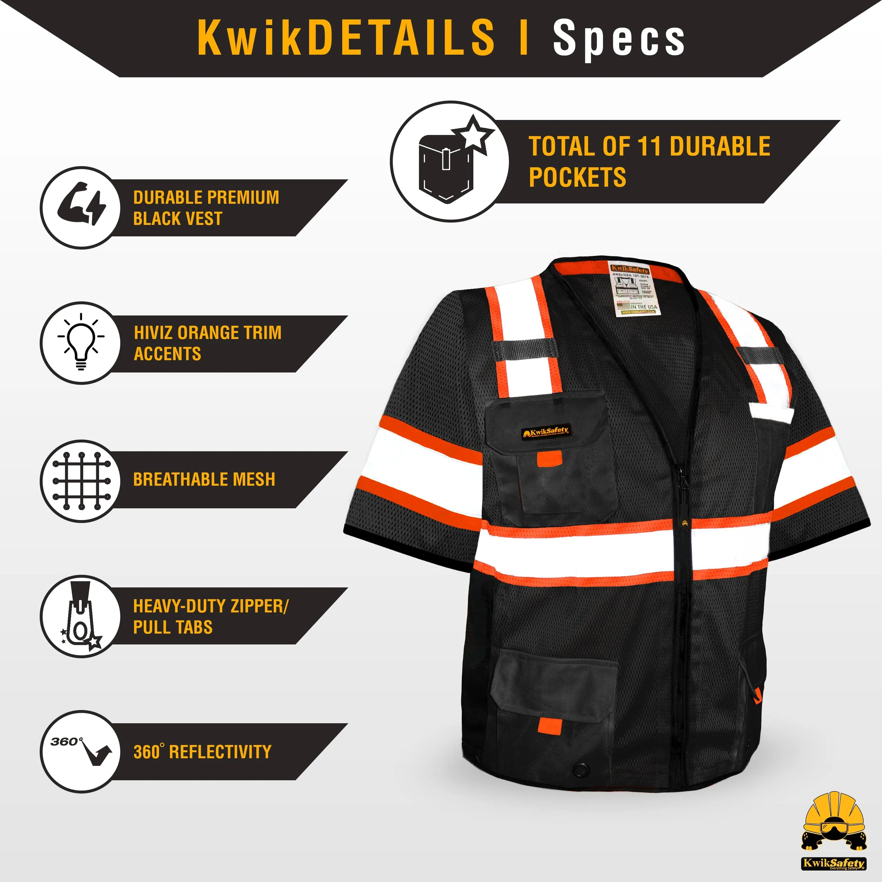KwikSafety UNDERBOSS Safety Vest with Sleeves (11 POCKETS) Premium ANSI Class Unrated PPE Construction Industrial Work Gear - Model No.: KS3301UBS