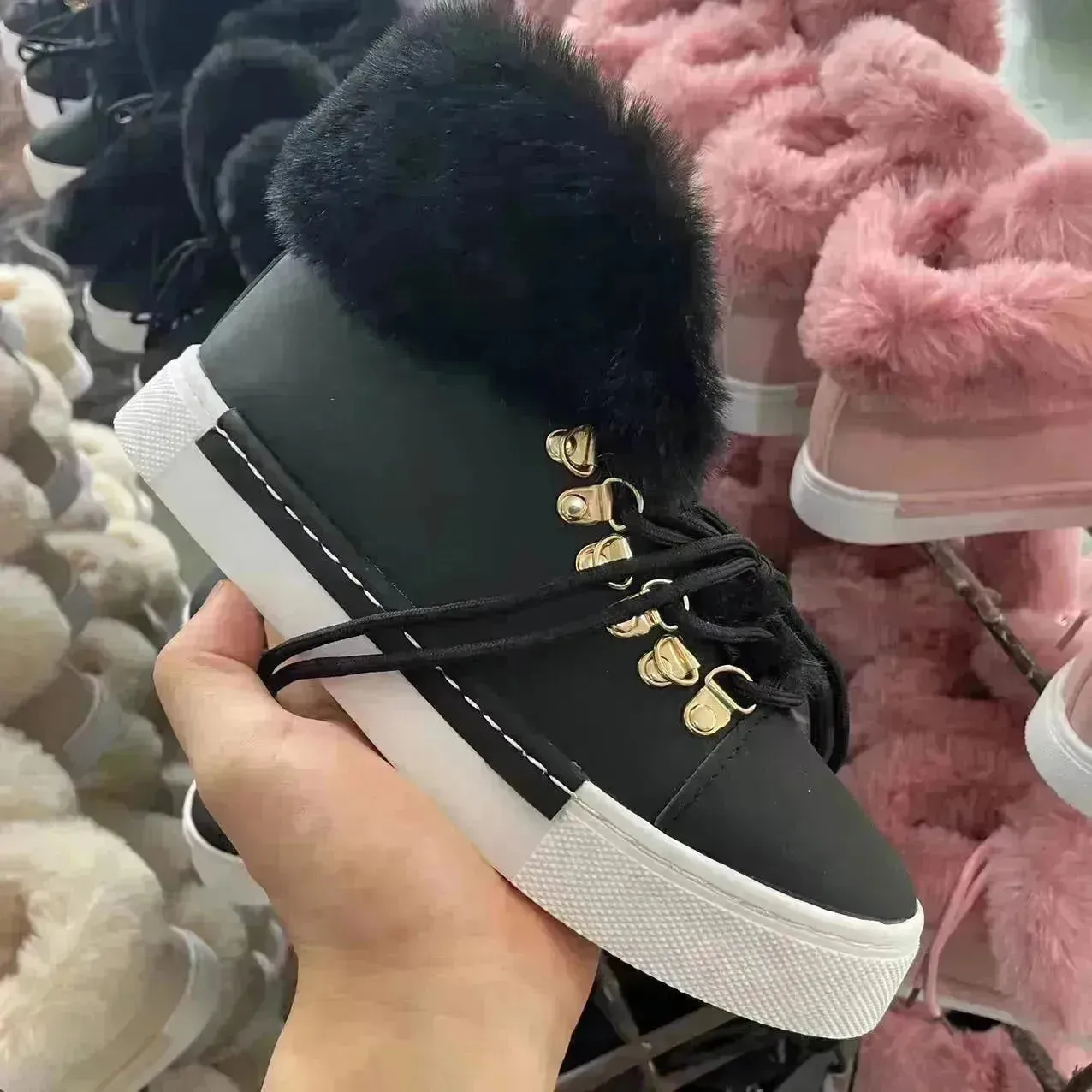 Lace-up Boots Cute Thick Sole Heighten Non Slip Snow Shoes Fall Winter Keep Warm Plush Lined Furry Ankle Boots Outdoor Walking Flat Shoes