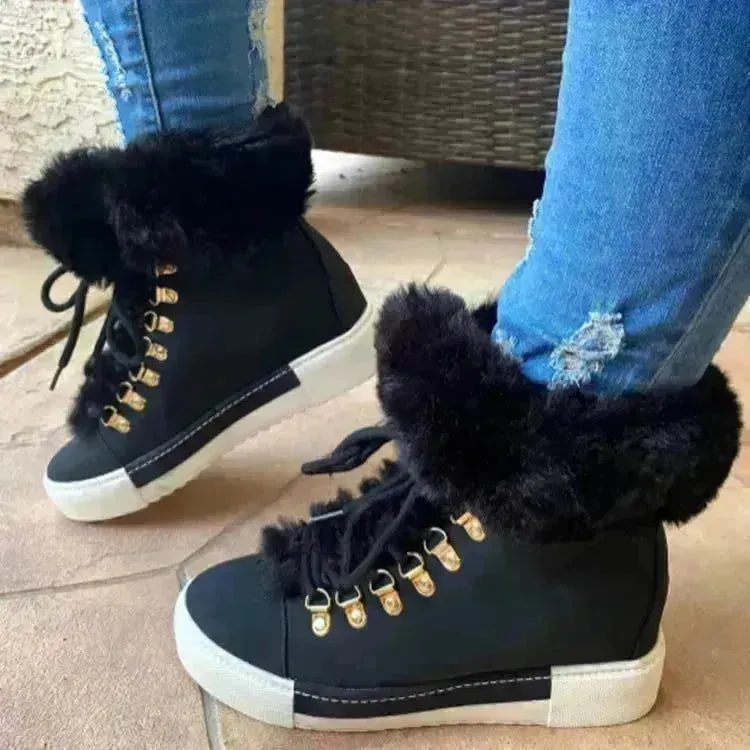 Lace-up Boots Cute Thick Sole Heighten Non Slip Snow Shoes Fall Winter Keep Warm Plush Lined Furry Ankle Boots Outdoor Walking Flat Shoes