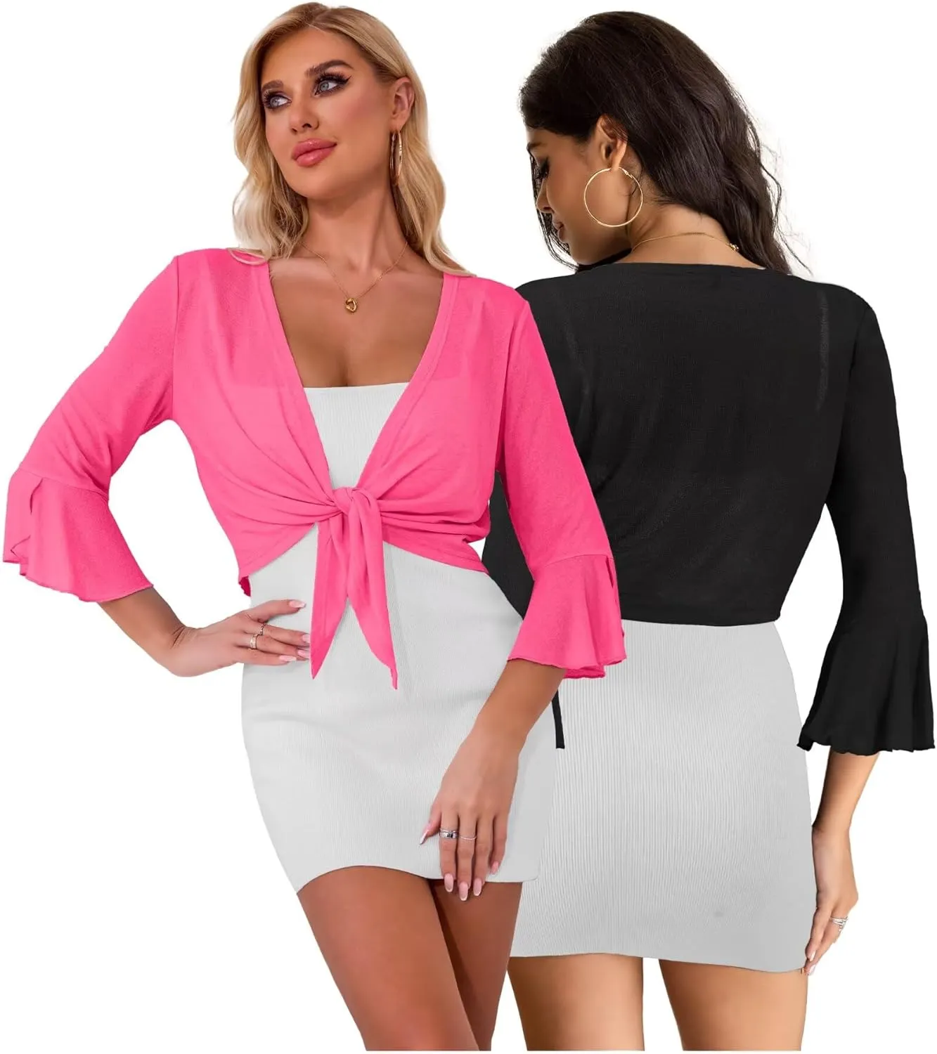 LIENRIDY Women's Tie Front Ruffle Cuffs 3/4 Sleeve Shrug Bolero Lightweight Sheer Cropped Cardigans S-XL