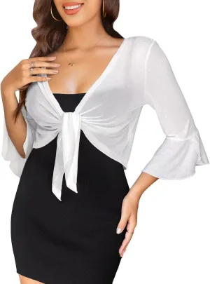 LIENRIDY Women's Tie Front Ruffle Cuffs 3/4 Sleeve Shrug Bolero Lightweight Sheer Cropped Cardigans S-XL