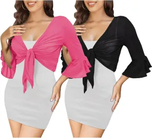 LIENRIDY Women's Tie Front Ruffle Cuffs 3/4 Sleeve Shrug Bolero Lightweight Sheer Cropped Cardigans S-XL