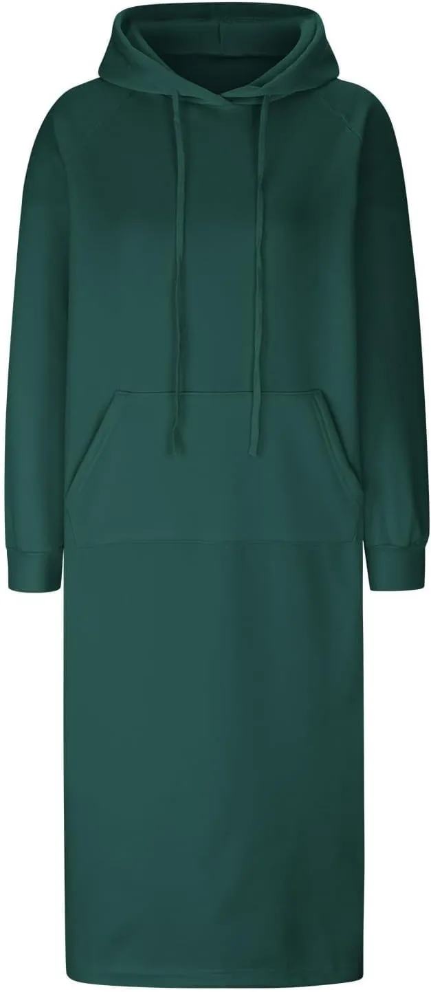 LOAIHA Women's Casual Pullover Sweatshirt Sexy Side Slit Long Sleeve Hoodie Long Dress With Kangaroo Pocket