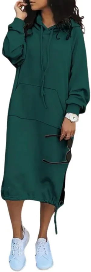 LOAIHA Women's Casual Pullover Sweatshirt Sexy Side Slit Long Sleeve Hoodie Long Dress With Kangaroo Pocket