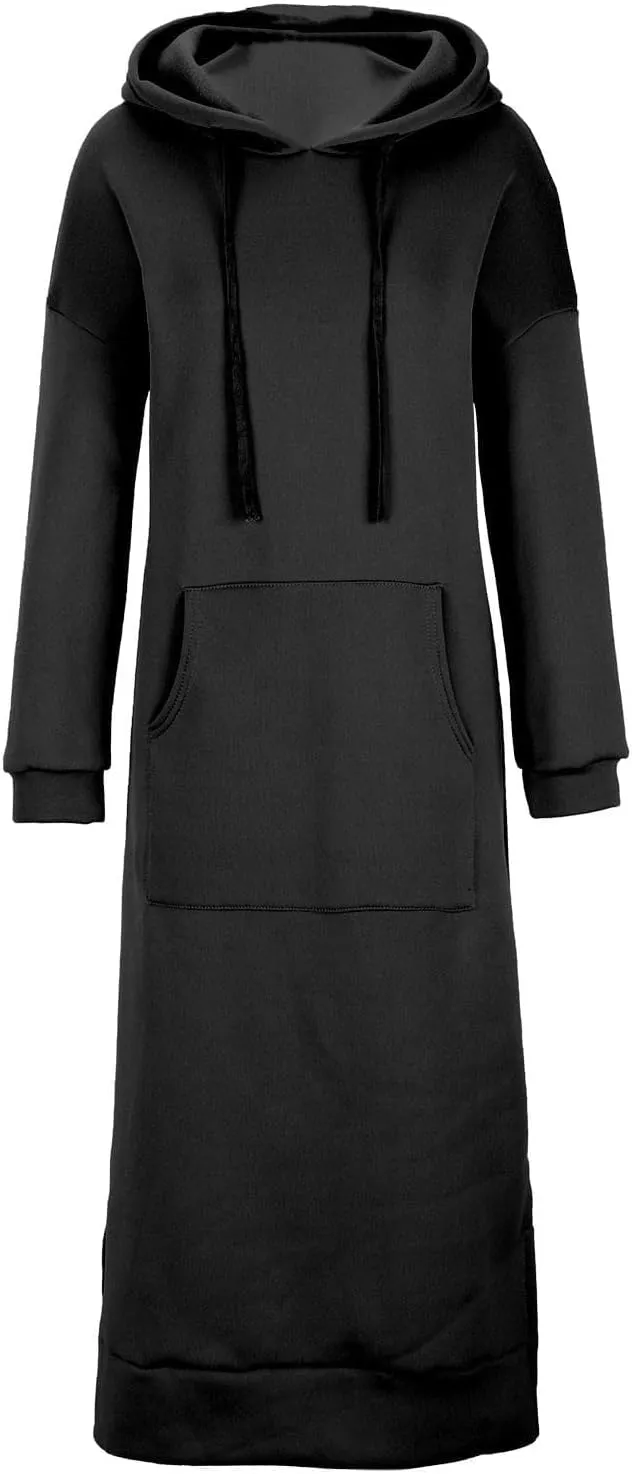 LOAIHA Women's Casual Pullover Sweatshirt Sexy Side Slit Long Sleeve Hoodie Long Dress With Kangaroo Pocket