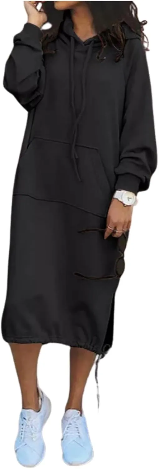 LOAIHA Women's Casual Pullover Sweatshirt Sexy Side Slit Long Sleeve Hoodie Long Dress With Kangaroo Pocket