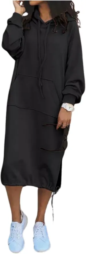 LOAIHA Women's Casual Pullover Sweatshirt Sexy Side Slit Long Sleeve Hoodie Long Dress With Kangaroo Pocket