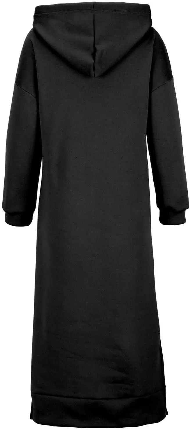 LOAIHA Women's Casual Pullover Sweatshirt Sexy Side Slit Long Sleeve Hoodie Long Dress With Kangaroo Pocket