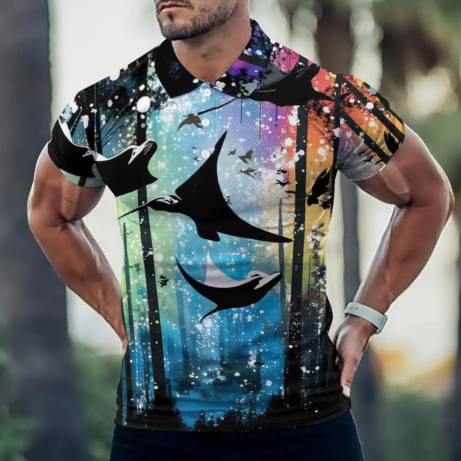 Manta Ray Forests Silhouette Mens Polo Shirts Quick Dry Short Sleeve T-shirts Slim Tennis Collared Tees Tops