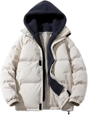 Mens Winter Trendy Fake Two-Piece Hooded Cotton-Padded Jackets Unisex Thermal Coat Couple Overcoat