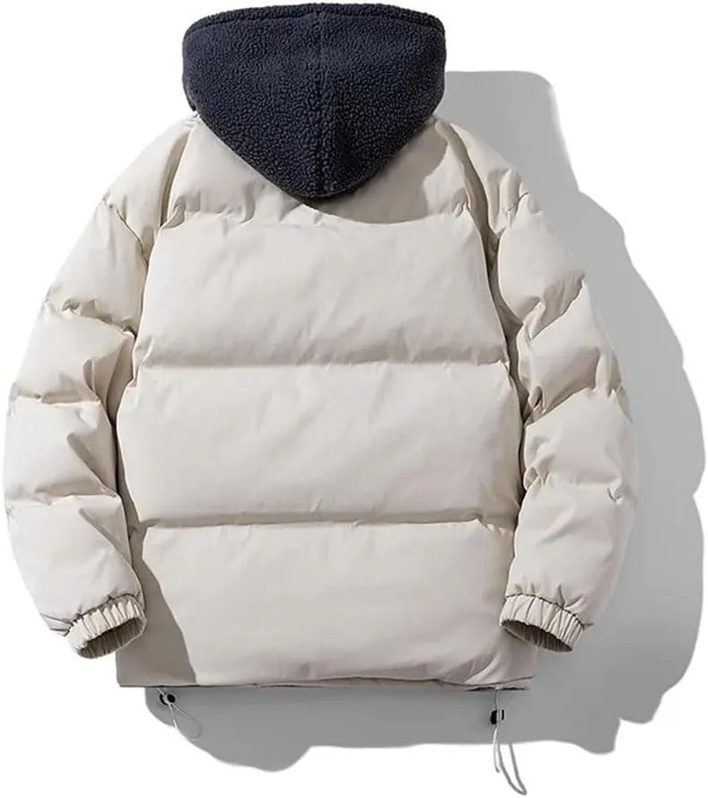 Mens Winter Trendy Fake Two-Piece Hooded Cotton-Padded Jackets Unisex Thermal Coat Couple Overcoat