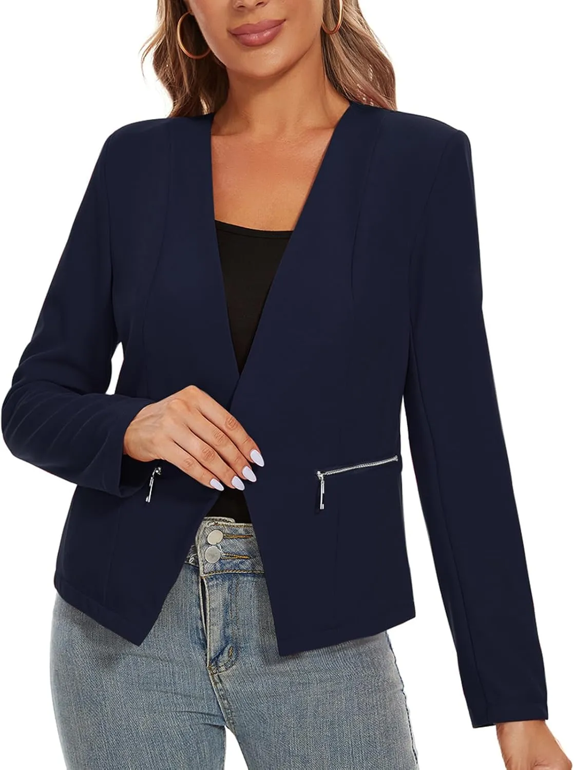 MINTLIMIT Blazers for Women Business Casual Cropped Blazer Open Front Collarless Cardigan Jacket with Zipper Pockets