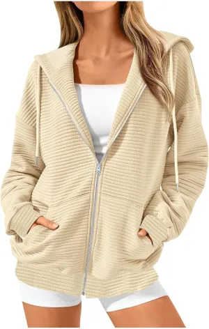 NaRHbrg Oversized Hoodies for Women Full Zip Up Long Sleeve Sweatshirts Casual Waffle Knit Drawstring Pullover Jackets Coat