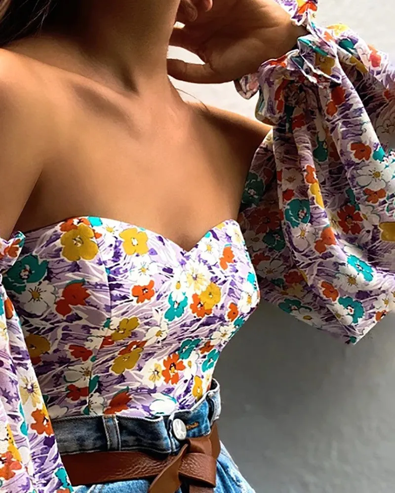 Off Shoulder Floral Print Lantern Sleeve Chiffon Top