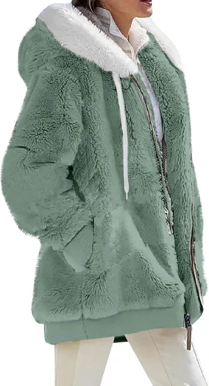 Plus Size Winter Coats For Women Full Zip Oversized Fleece Sherpa Jacket Drawstring Fuzzy Hooded Outerwear w/Pockets