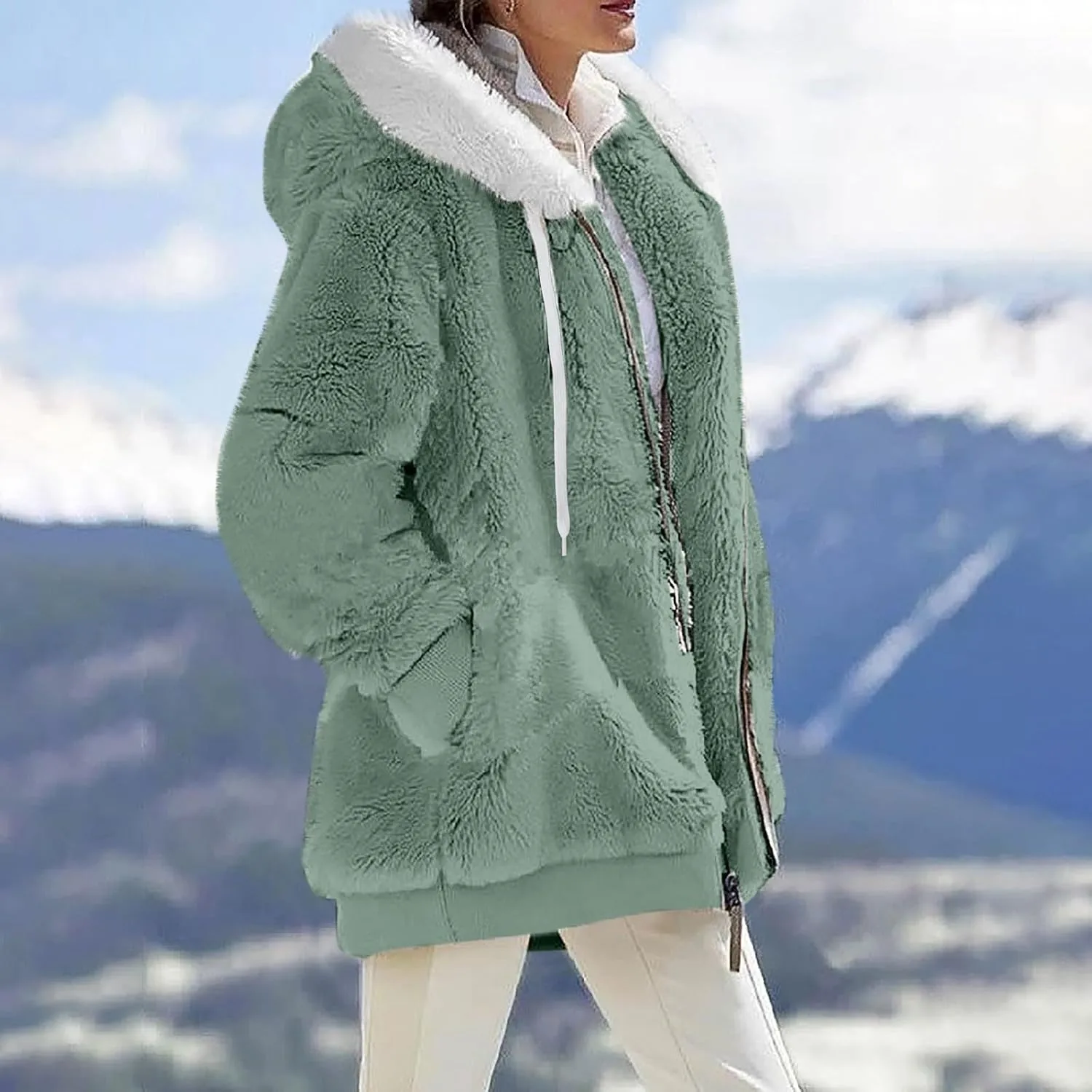 Plus Size Winter Coats For Women Full Zip Oversized Fleece Sherpa Jacket Drawstring Fuzzy Hooded Outerwear w/Pockets