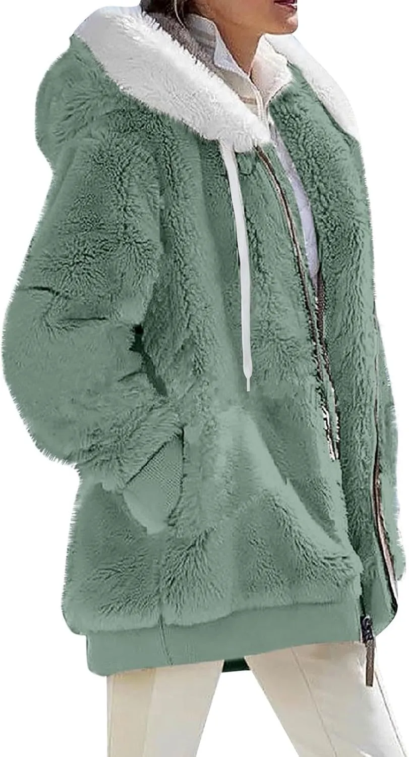 Plus Size Winter Coats For Women Full Zip Oversized Fleece Sherpa Jacket Drawstring Fuzzy Hooded Outerwear w/Pockets