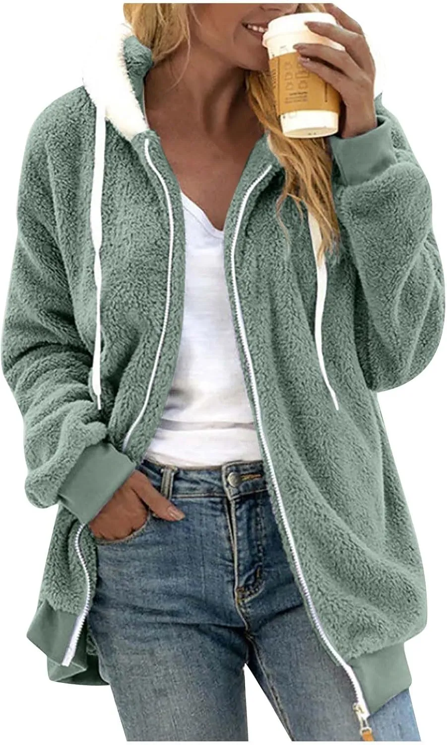 Plus Size Winter Coats For Women Full Zip Oversized Fleece Sherpa Jacket Drawstring Fuzzy Hooded Outerwear w/Pockets