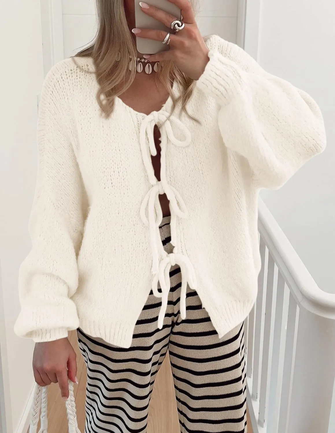 PRETTYGARDEN Women's Tie Front Bow Cardigan Sweaters Chunky Knit Long Puff Sleeve Trendy Fall Winter Jacket Coats