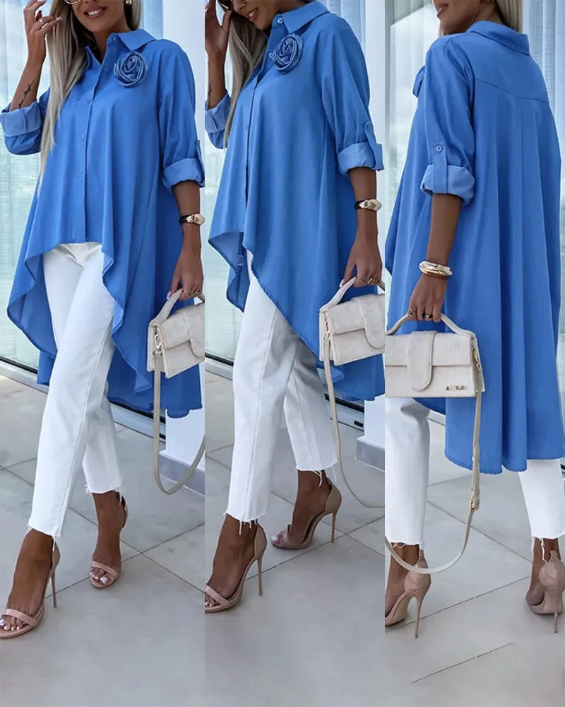 Rose Detail Roll Up Sleeve Asymmetrical Hem Top