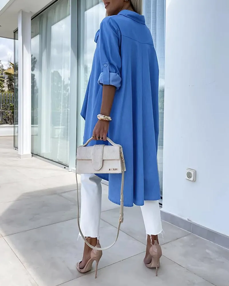 Rose Detail Roll Up Sleeve Asymmetrical Hem Top