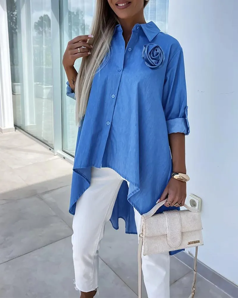 Rose Detail Roll Up Sleeve Asymmetrical Hem Top