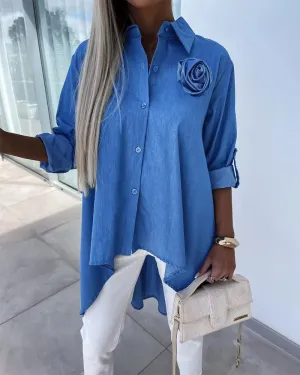 Rose Detail Roll Up Sleeve Asymmetrical Hem Top