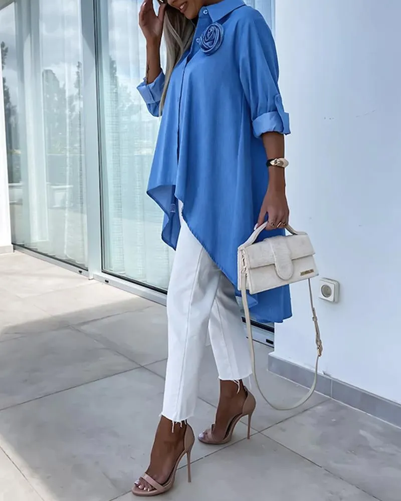 Rose Detail Roll Up Sleeve Asymmetrical Hem Top