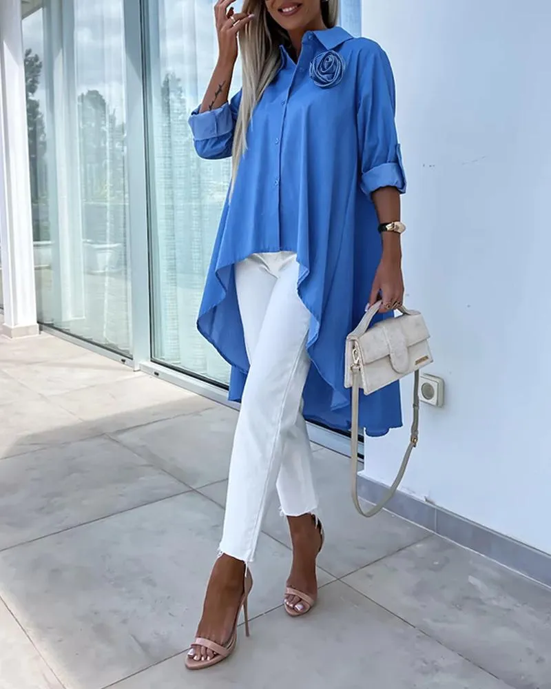 Rose Detail Roll Up Sleeve Asymmetrical Hem Top