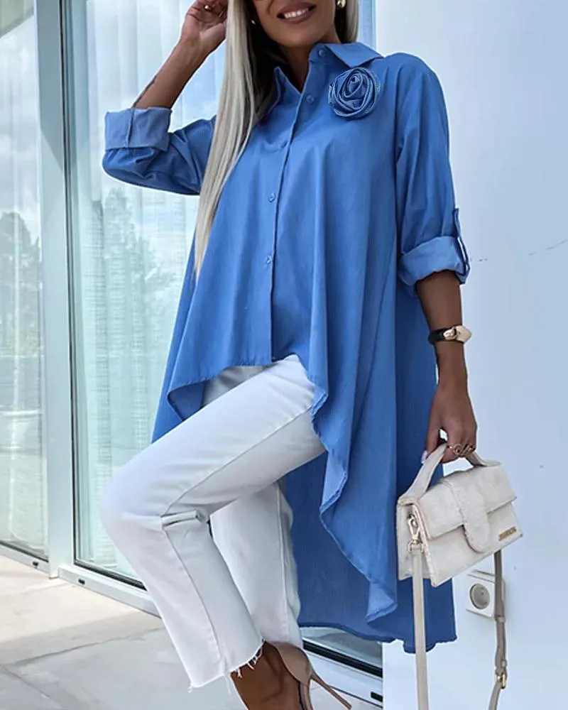 Rose Detail Roll Up Sleeve Asymmetrical Hem Top