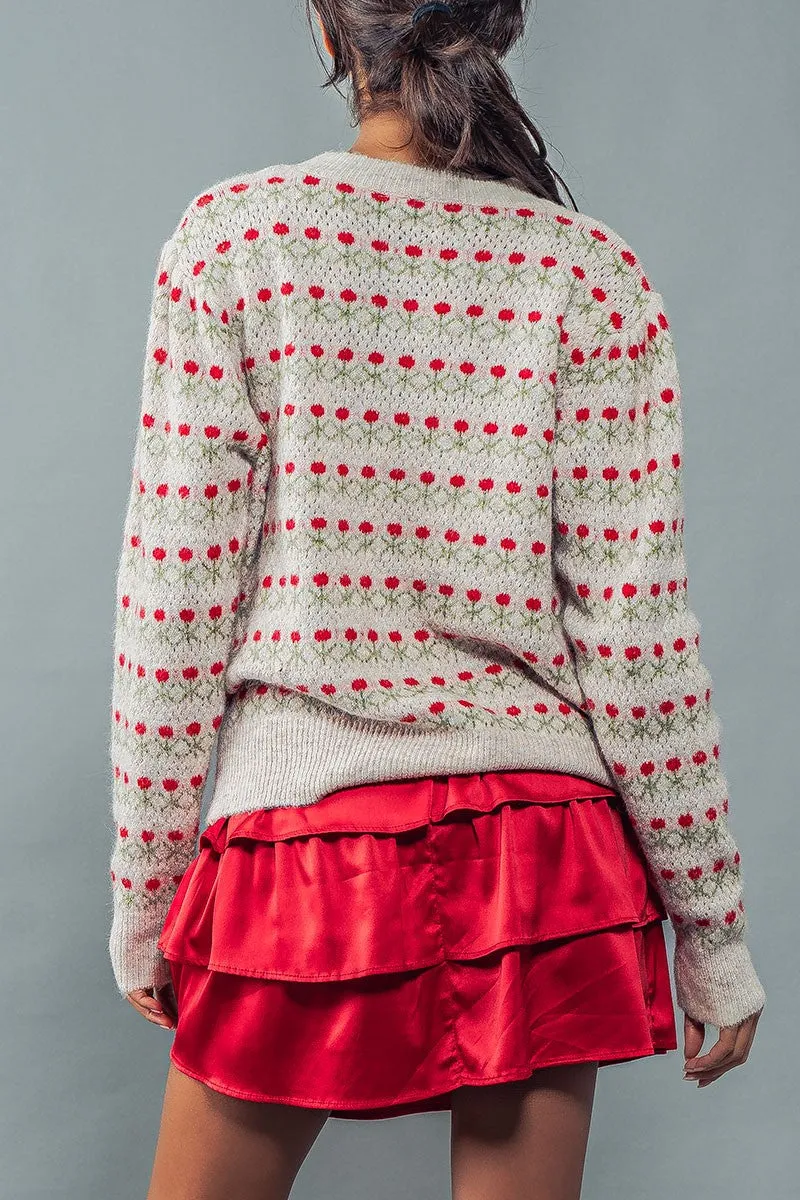 Rose Print Pullover Print Sweater