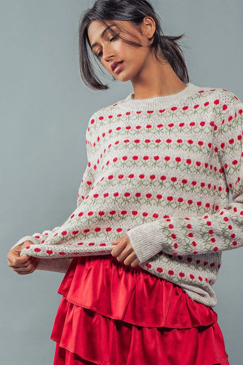Rose Print Pullover Print Sweater