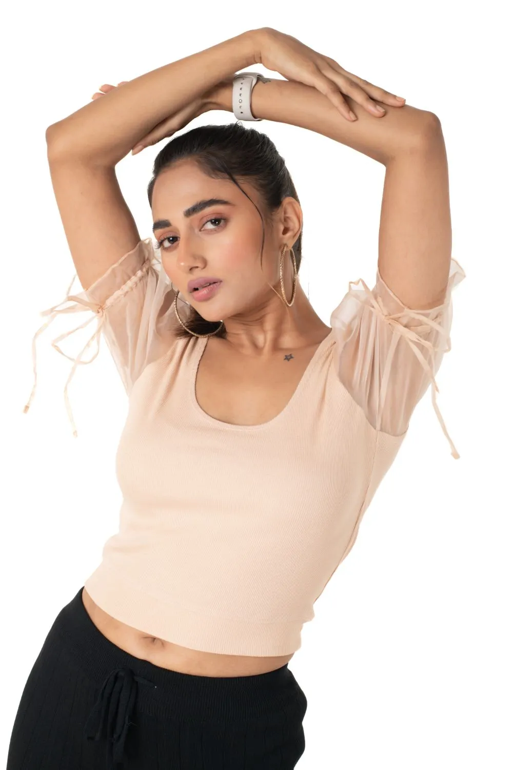 Round neck Blouses with Puffy Organza Sleeves- Plus Size