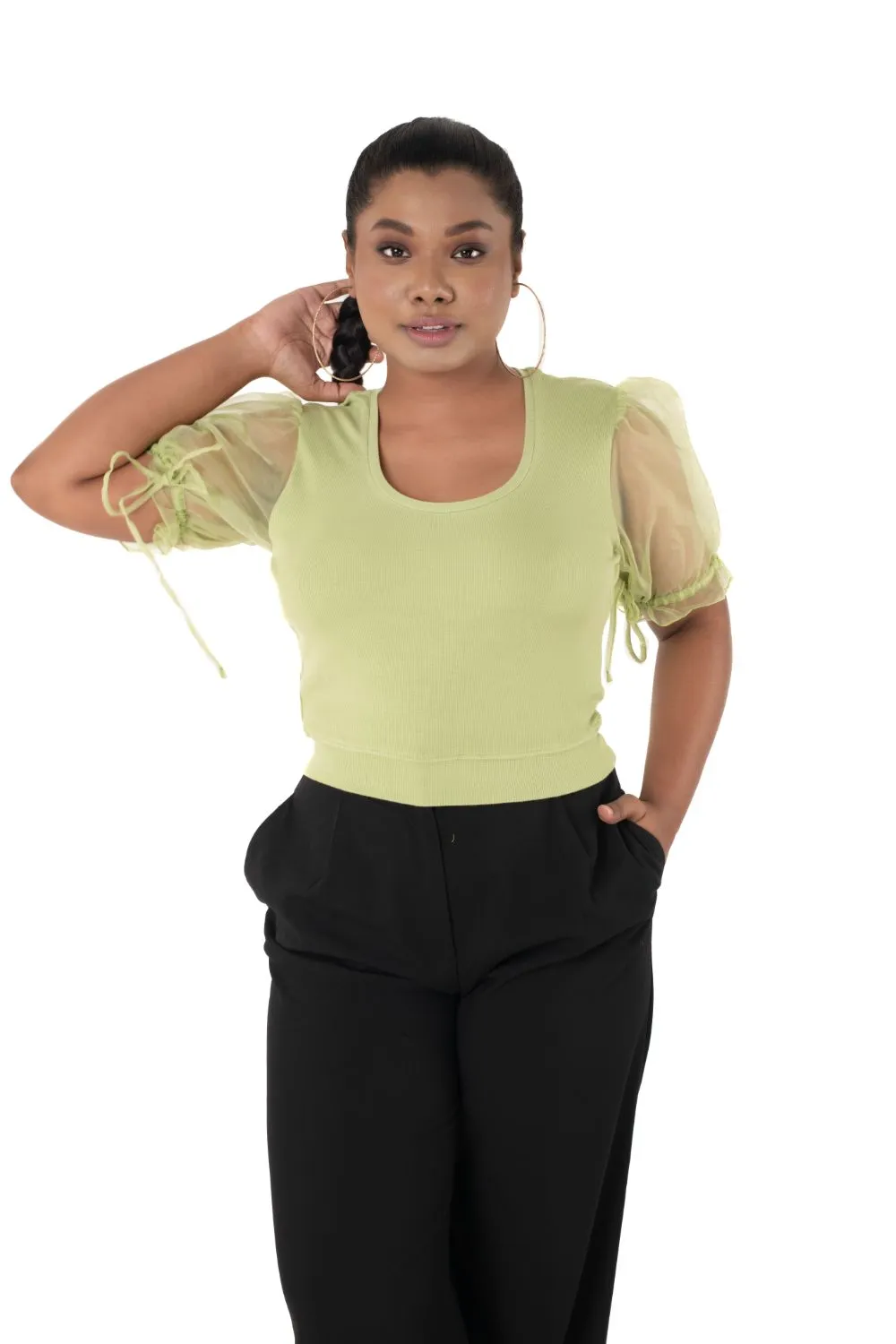 Round neck Blouses with Puffy Organza Sleeves- Plus Size