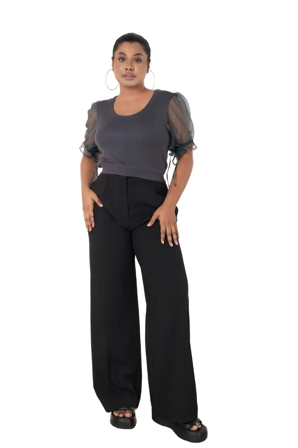 Round neck Blouses with Puffy Organza Sleeves- Plus Size