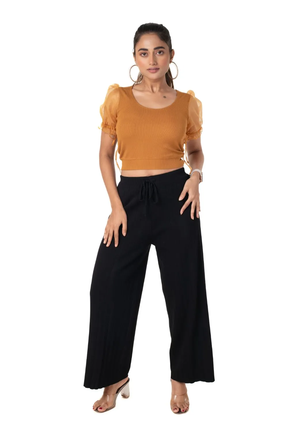 Round neck Blouses with Puffy Organza Sleeves- Plus Size