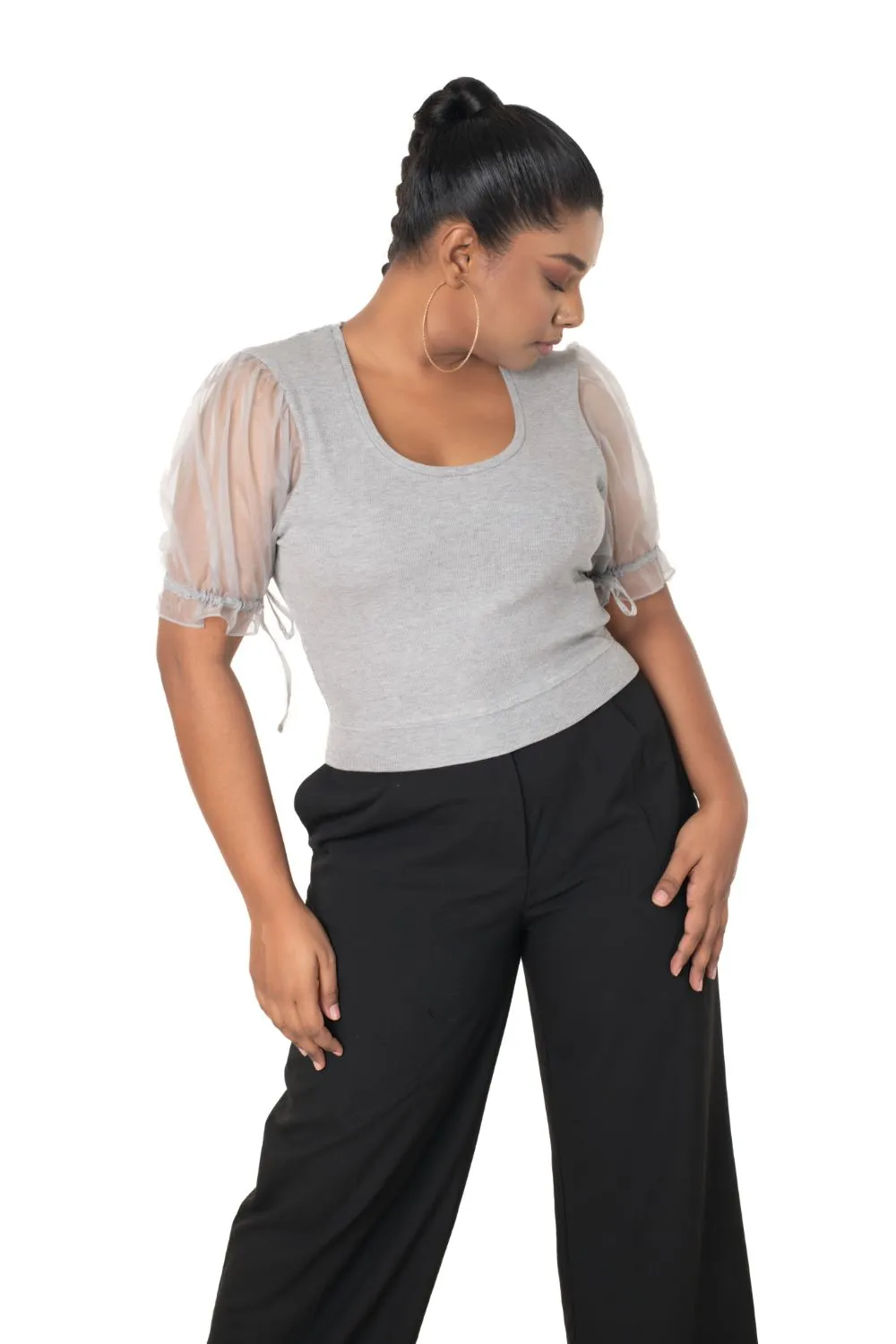 Round neck Blouses with Puffy Organza Sleeves- Plus Size