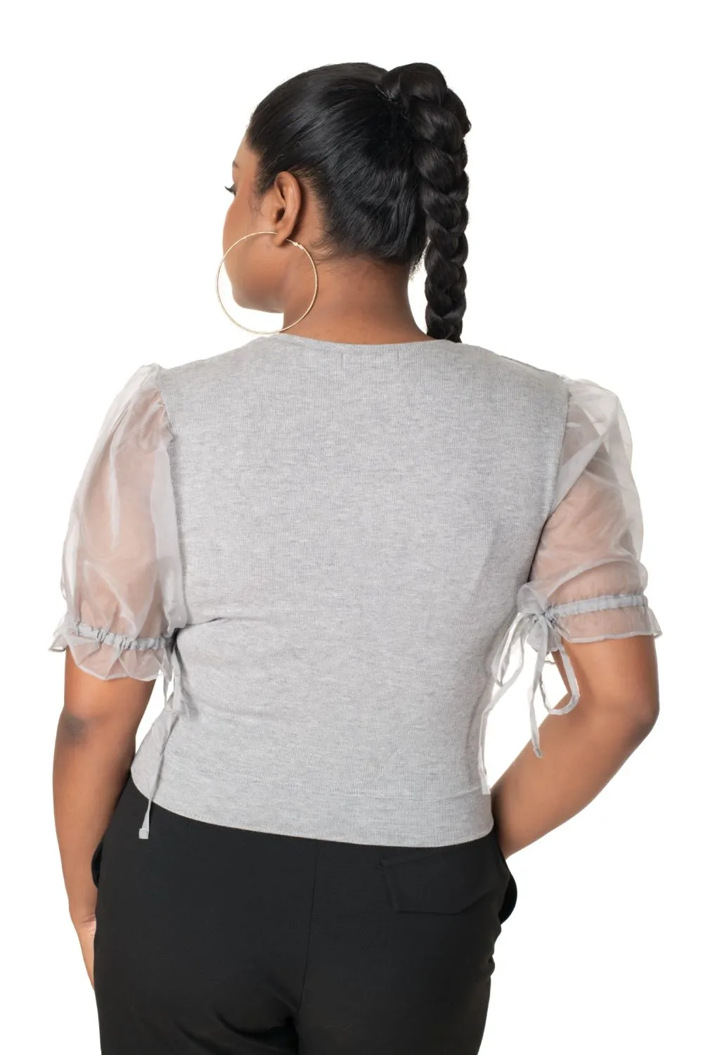 Round neck Blouses with Puffy Organza Sleeves- Plus Size