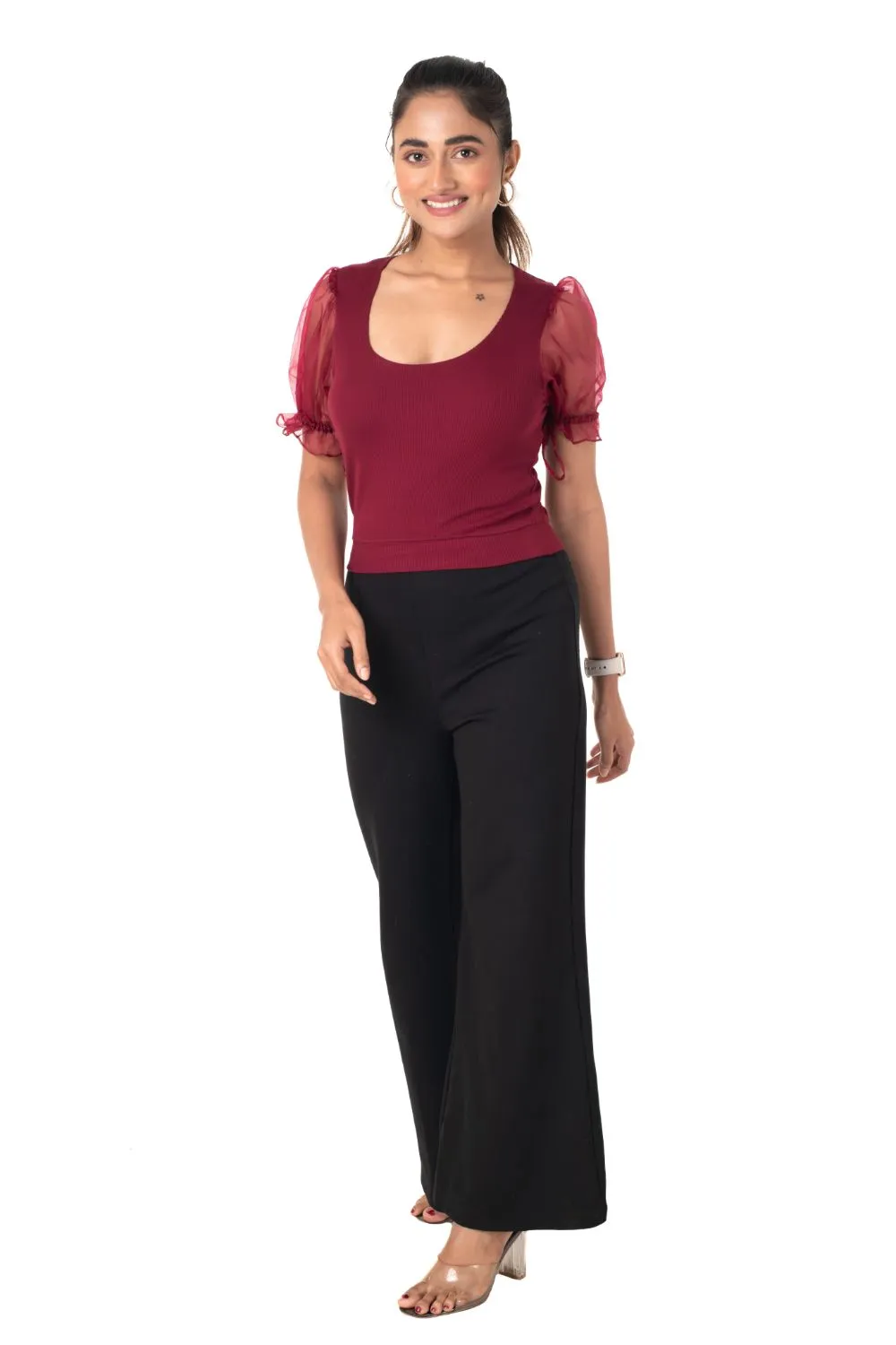 Round neck Blouses with Puffy Organza Sleeves- Plus Size