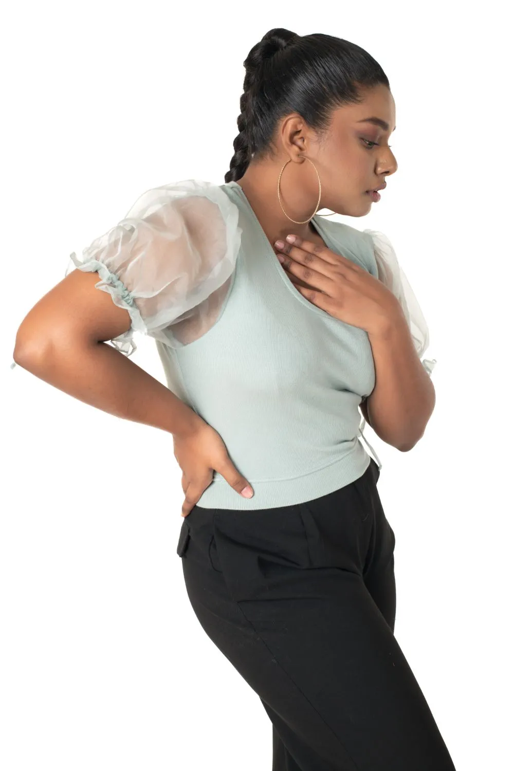 Round neck Blouses with Puffy Organza Sleeves- Plus Size