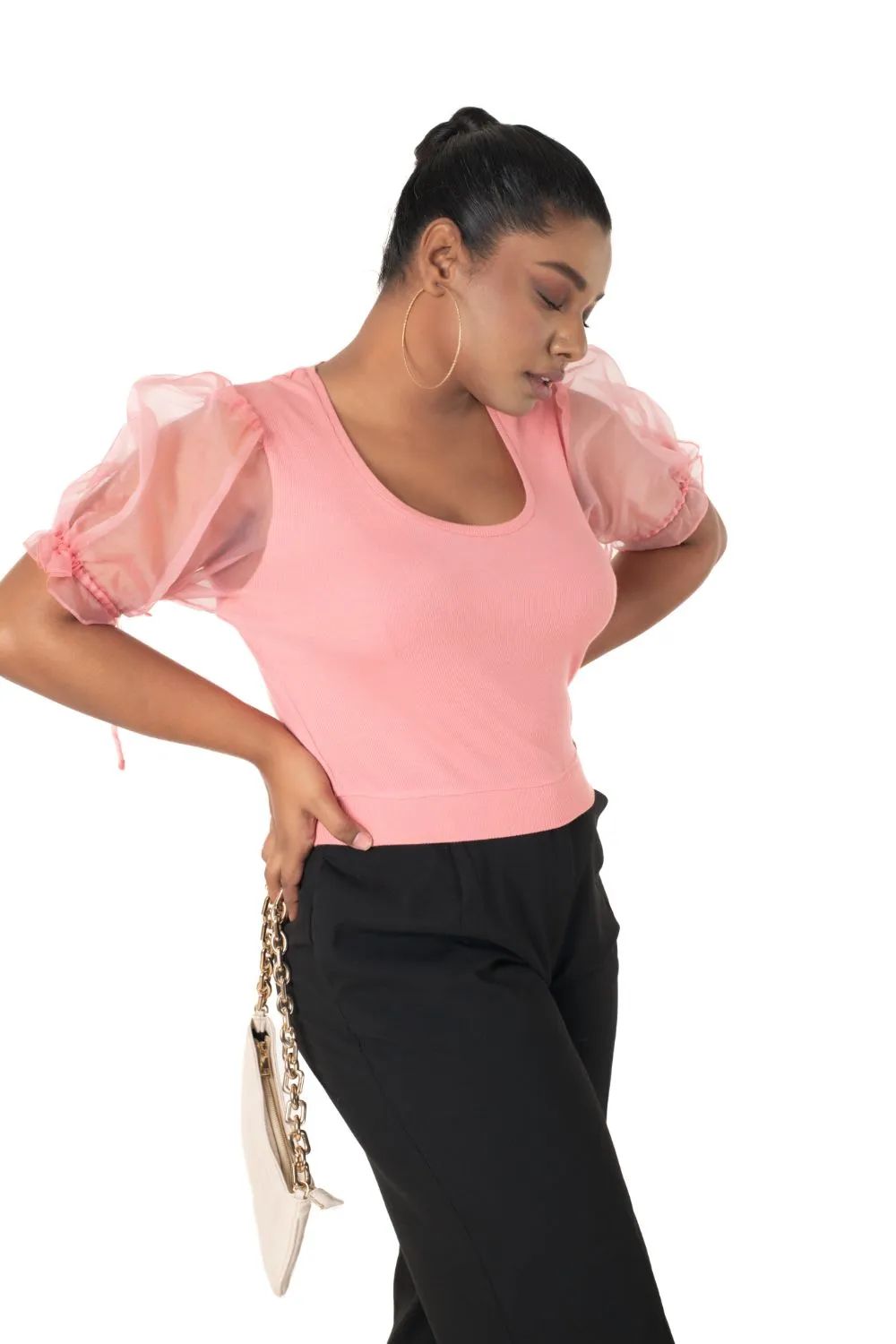 Round neck Blouses with Puffy Organza Sleeves- Plus Size