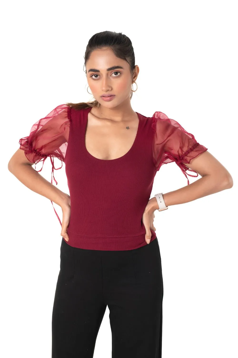 Round neck Blouses with Puffy Organza Sleeves- Plus Size