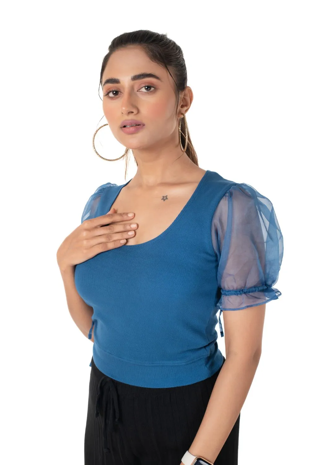 Round neck Blouses with Puffy Organza Sleeves- Plus Size